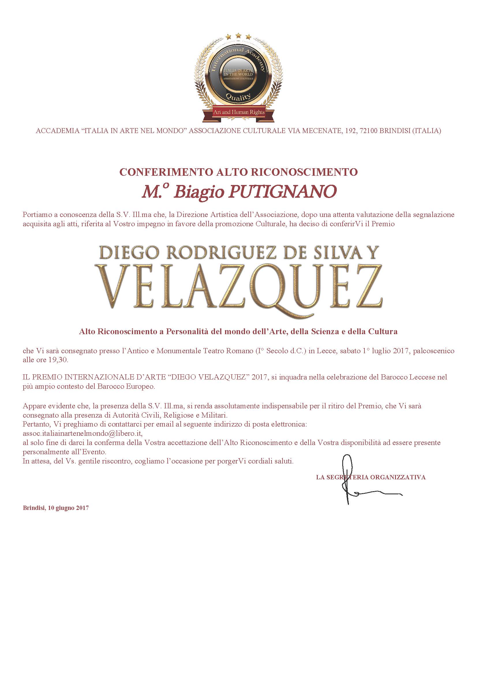 CONFERIMENTO PREMIO VELAZQUEZ 2017 M.O PUTIGNANO BIAGIO